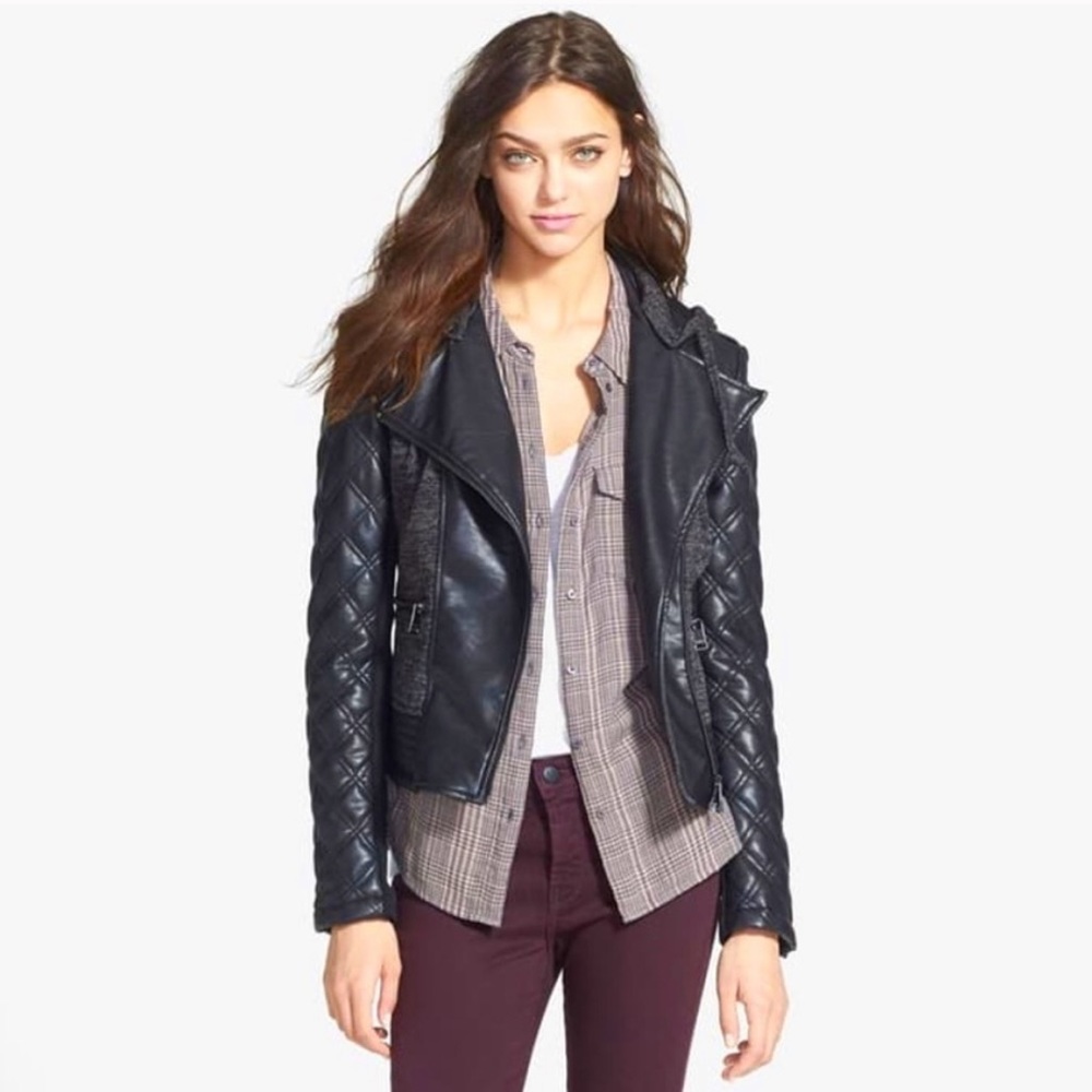 BEBE Knit & Faux Leather Hooded Moro Jacket